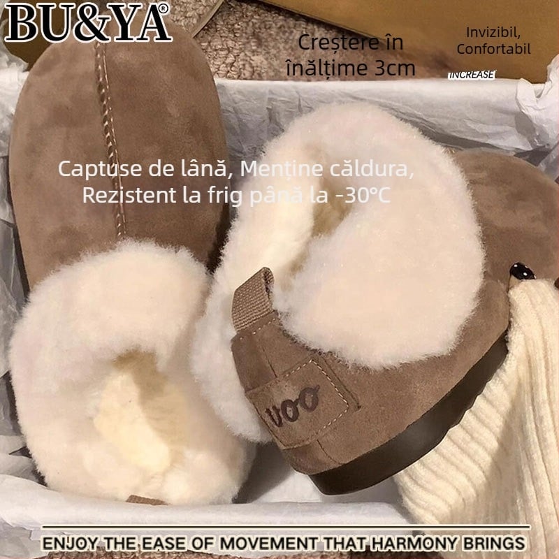 Cizme de iarnă pentru femei, căptușite cu blană de oaie, partea superioară din velur de vită, gleznă scurtă, talpă groasă (rezistente la apă)