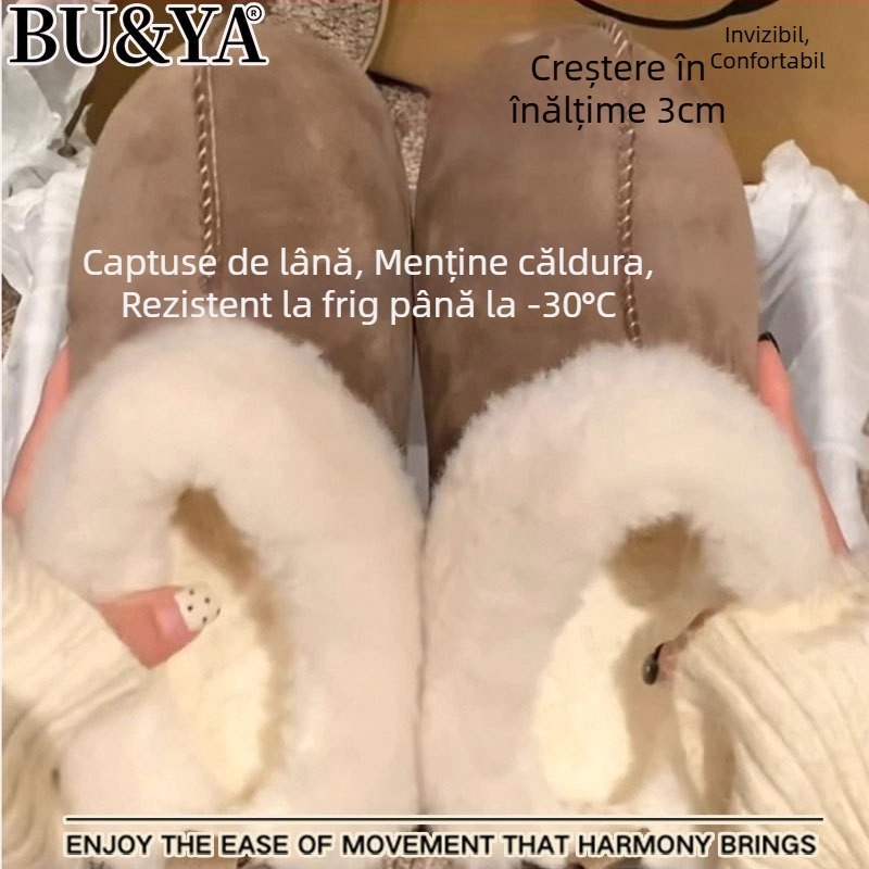 Cizme de iarnă pentru femei, căptușite cu blană de oaie, partea superioară din velur de vită, gleznă scurtă, talpă groasă (rezistente la apă)