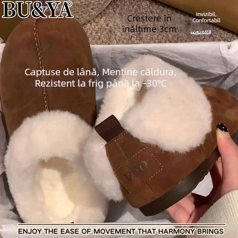Cizme de iarnă pentru femei, căptușite cu blană de oaie, partea superioară din velur de vită, gleznă scurtă, talpă groasă (rezistente la apă)
