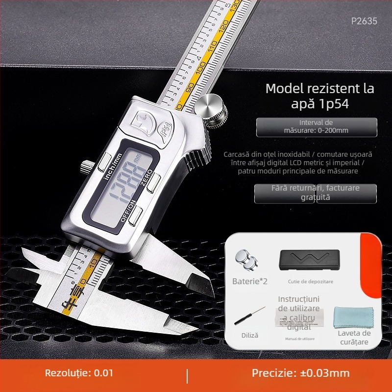 Caliper digital cu construcție din fibră de carbon, corp din oțel inoxidabil, clasă industrială, afișaj electronic de înaltă precizie