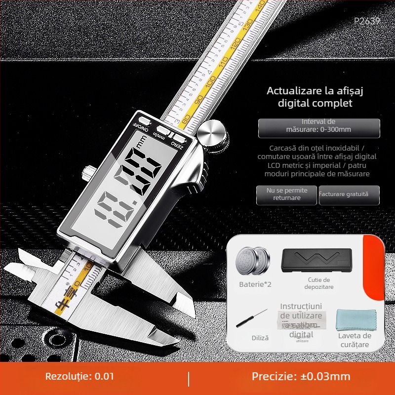 Caliper digital cu construcție din fibră de carbon, corp din oțel inoxidabil, clasă industrială, afișaj electronic de înaltă precizie