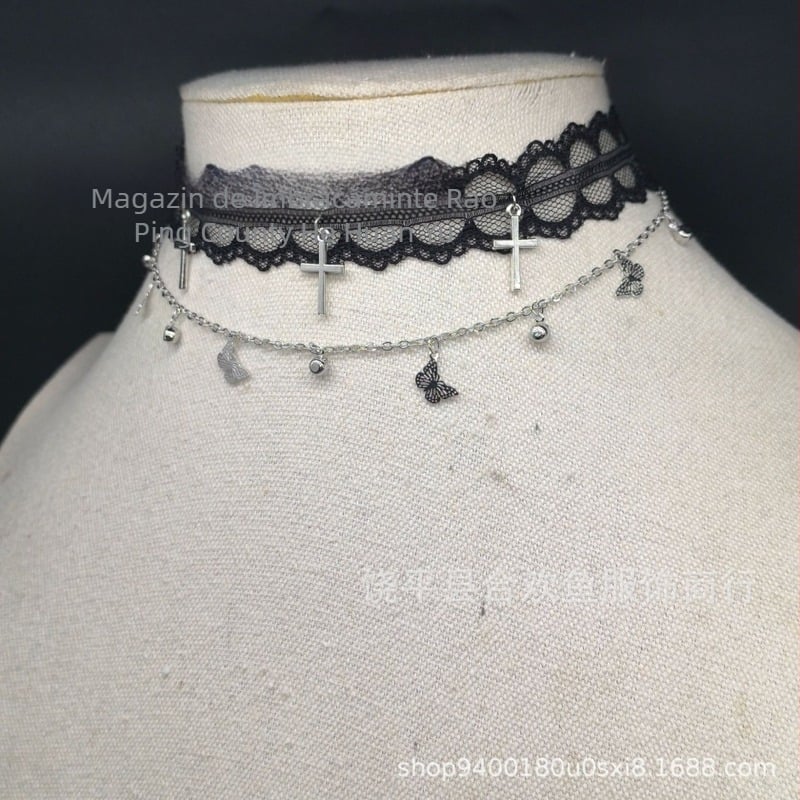 Colier cu lanț pentru claviculă, dantelă, fluture și ciucuri — materiale mixte; Stil chic; Vara 2025