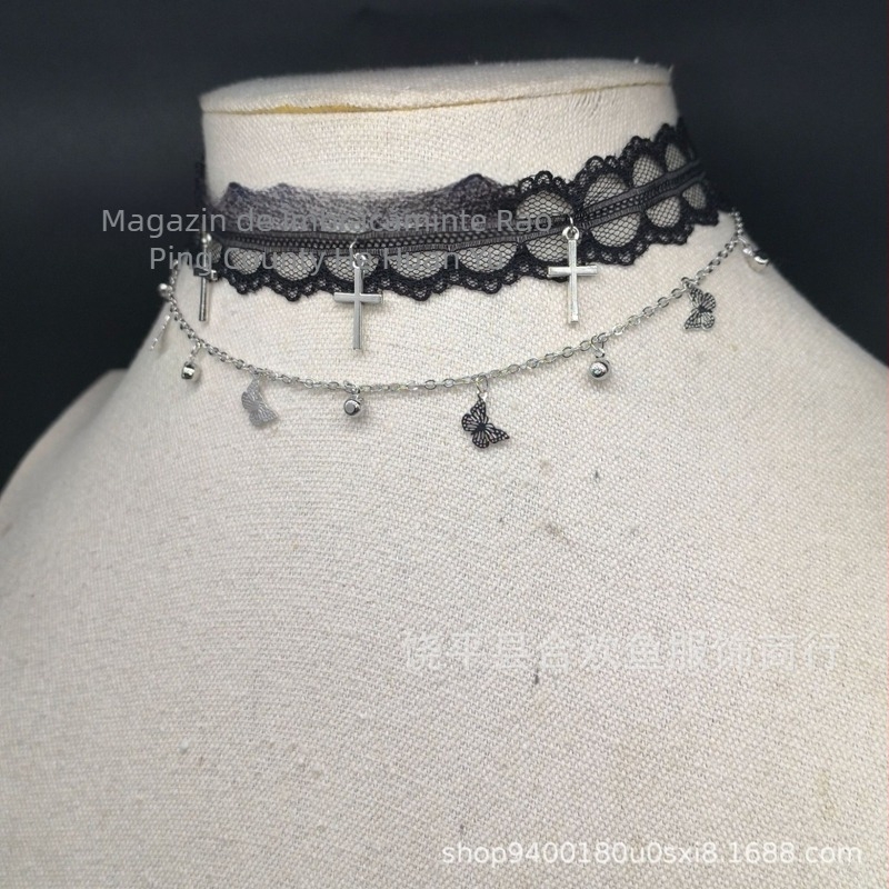 Colier cu lanț pentru claviculă, dantelă, fluture și ciucuri — materiale mixte; Stil chic; Vara 2025