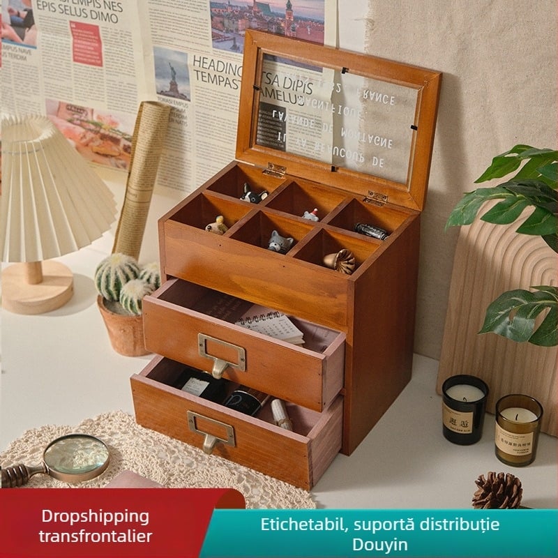 Cutie din lemn retro pentru bijuterii, protecție la praf, suport de birou, 2 sertare, 3 niveluri