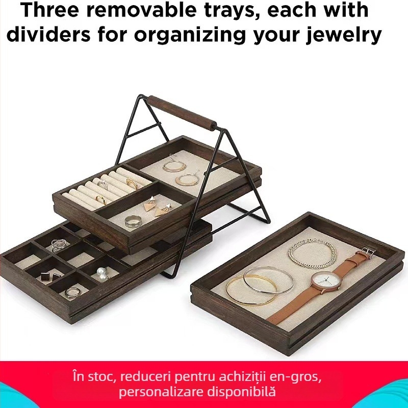 Suport din lemn pentru bijuterii, 3 etaje, display de masă pentru cercei și inele, stil japonez