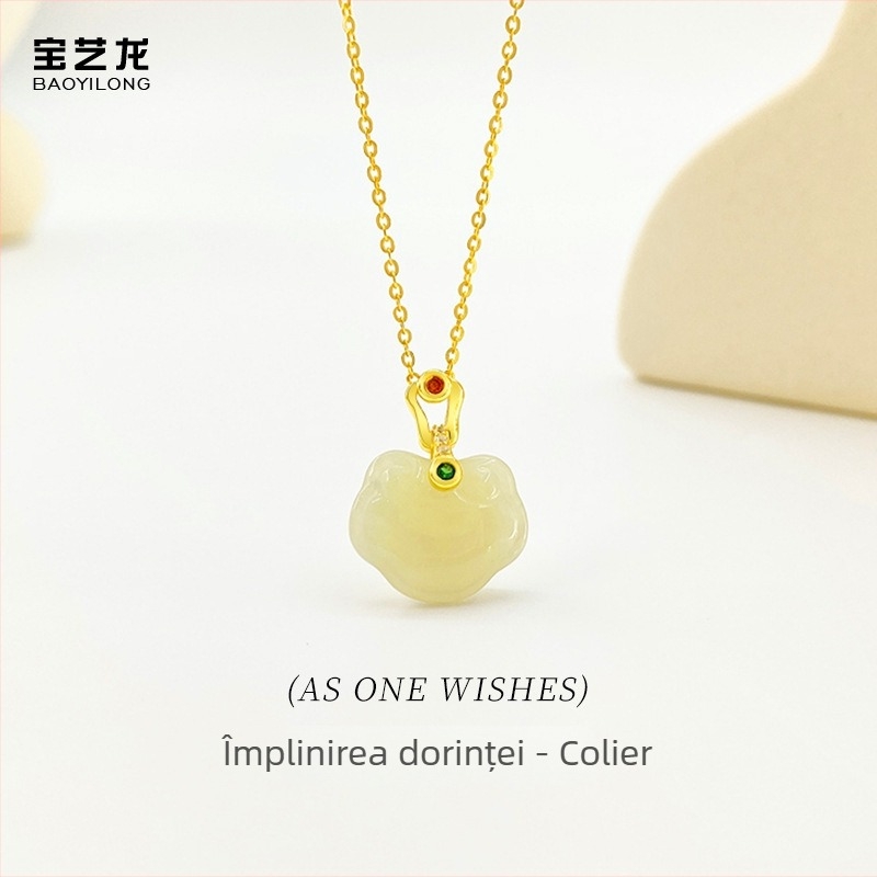 Colier din argint 925 cu pandantiv din jad Hetian și zirconiu, lanț clavicular, greutate 2,67 g, finisaj electroplacat