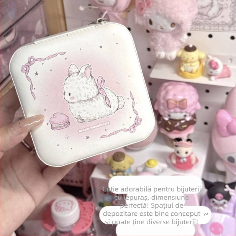 Cutie pentru bijuterii cu iepuraș roz din pluș, pentru depozitare cercei, cutie de voiaj portabilă - Model Y-165; Material: Alt; Stil: Cartoon drăguț; Model: Anime