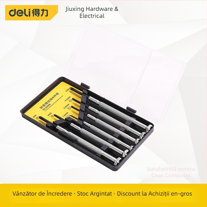 Set de șurubelnițe de precizie Deli – magnetice, 6 piese, portabil, oțel carbon – pentru telefoane, ochelari și ceasuri