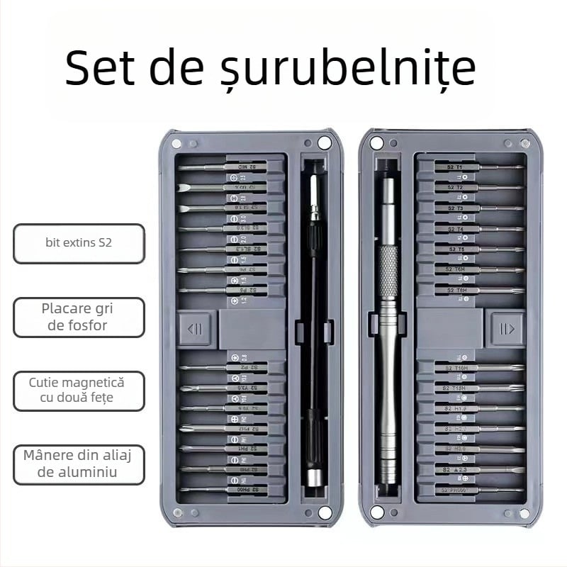 Set de șurubelnițe magnetice 30 în 1, cu vârfuri S2, din oțel 45#
