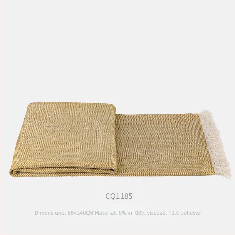 Pătură cu ciucuri din amestec de in — muștar, stil modern minimalist, stil hotelier, culoare solidă