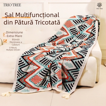 Cuvertură de canapea tricotată, cu model geometric boem, șal și pătură pentru marginea patului, pentru toamnă și iarnă, potrivită pentru relaxare pe canapea și călătorii.