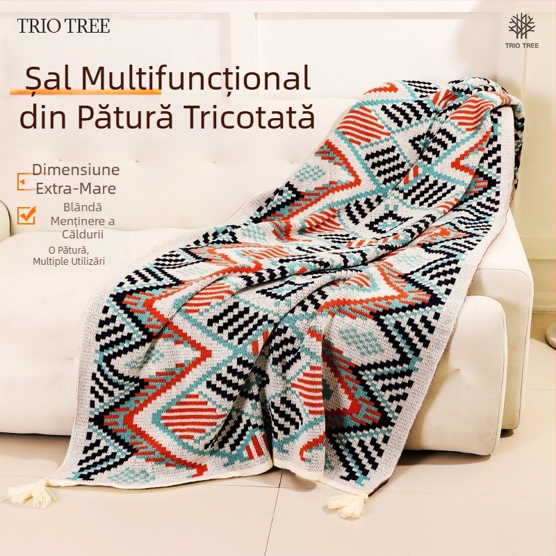 Cuvertură de canapea tricotată, cu model geometric boem, șal și pătură pentru marginea patului, pentru toamnă și iarnă, potrivită pentru relaxare pe canapea și călătorii.