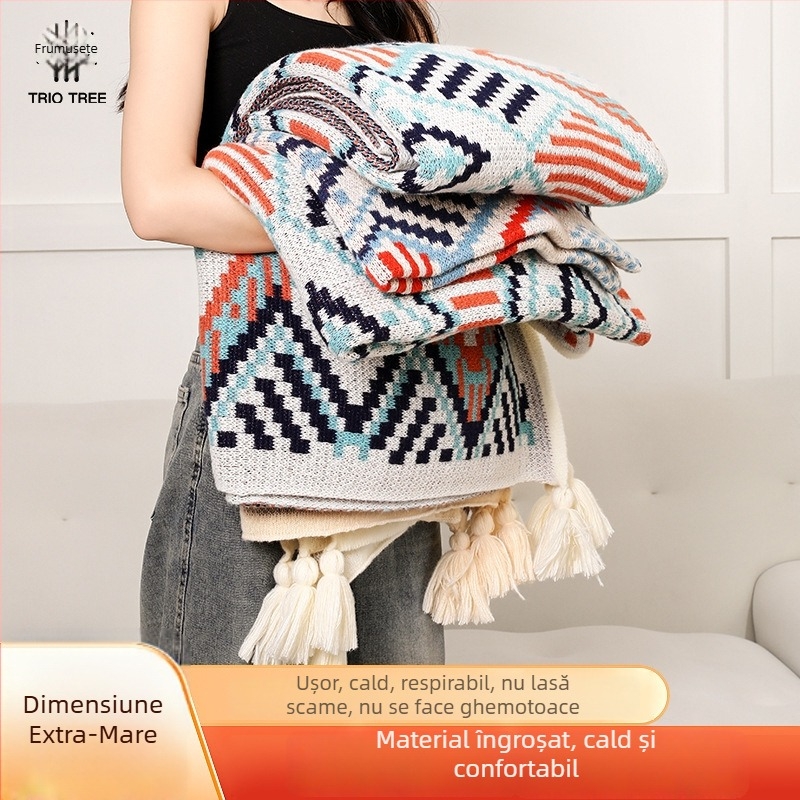 Cuvertură de canapea tricotată, cu model geometric boem, șal și pătură pentru marginea patului, pentru toamnă și iarnă, potrivită pentru relaxare pe canapea și călătorii.
