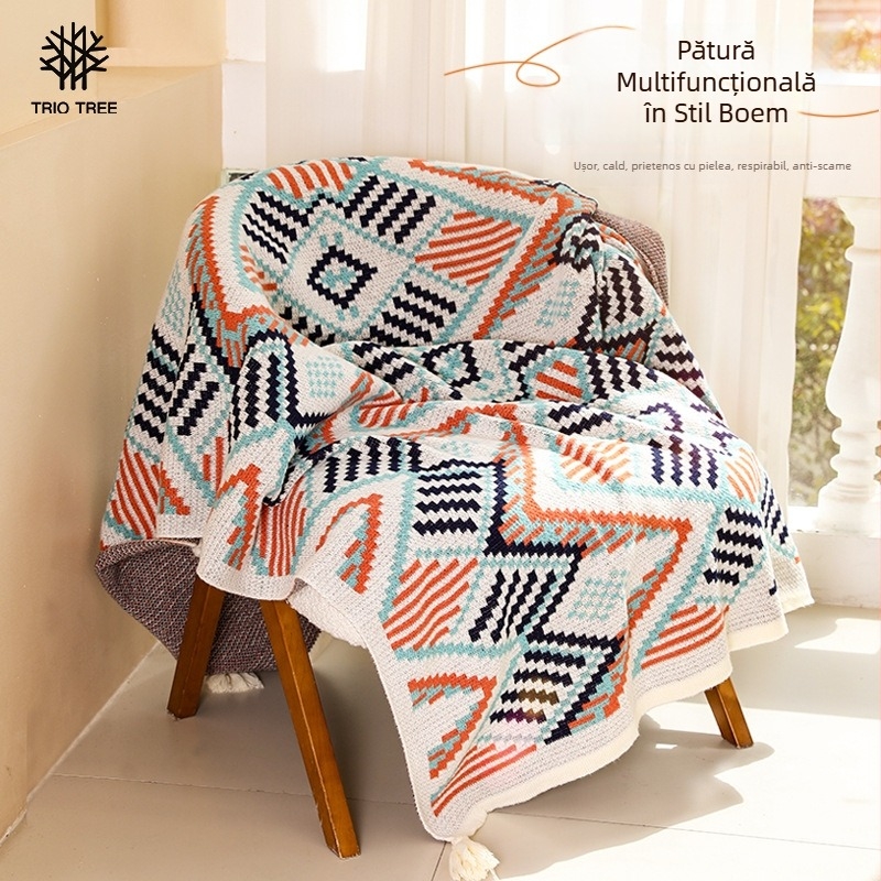 Cuvertură de canapea tricotată, cu model geometric boem, șal și pătură pentru marginea patului, pentru toamnă și iarnă, potrivită pentru relaxare pe canapea și călătorii.