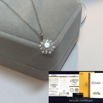 Colier din argint 925 cu moissanit în formă de fulg de zăpadă, lanț în formă de O, stil ușor lux pentru femei