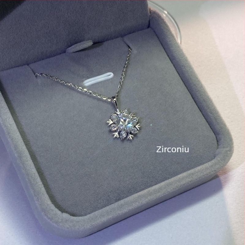 Colier din argint 925 cu moissanit în formă de fulg de zăpadă, lanț în formă de O, stil ușor lux pentru femei