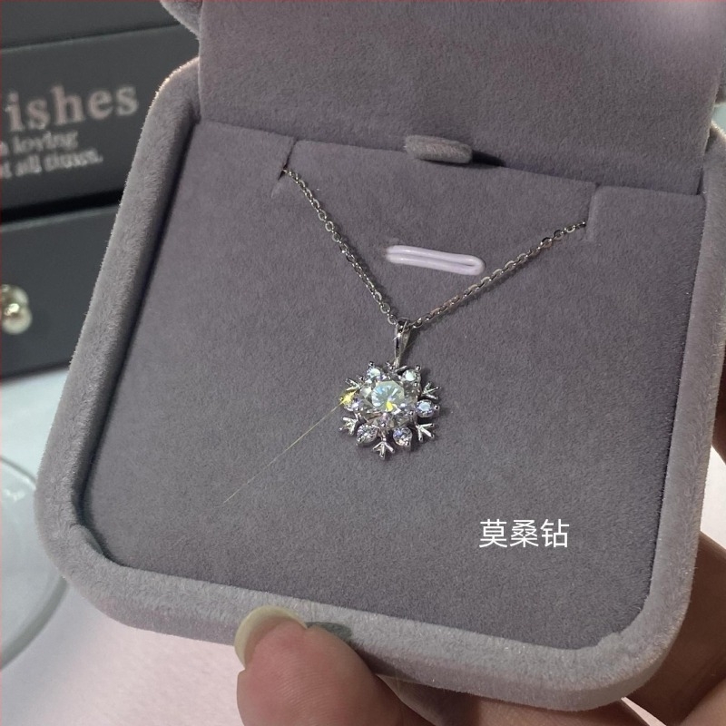 Colier din argint 925 cu moissanit în formă de fulg de zăpadă, lanț în formă de O, stil ușor lux pentru femei