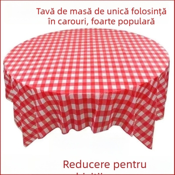 Față de masă de unică folosință, din plastic (PE/polyethylene), model carouri (plaid), formă dreptunghiulară, stil INS, marca Qi lu