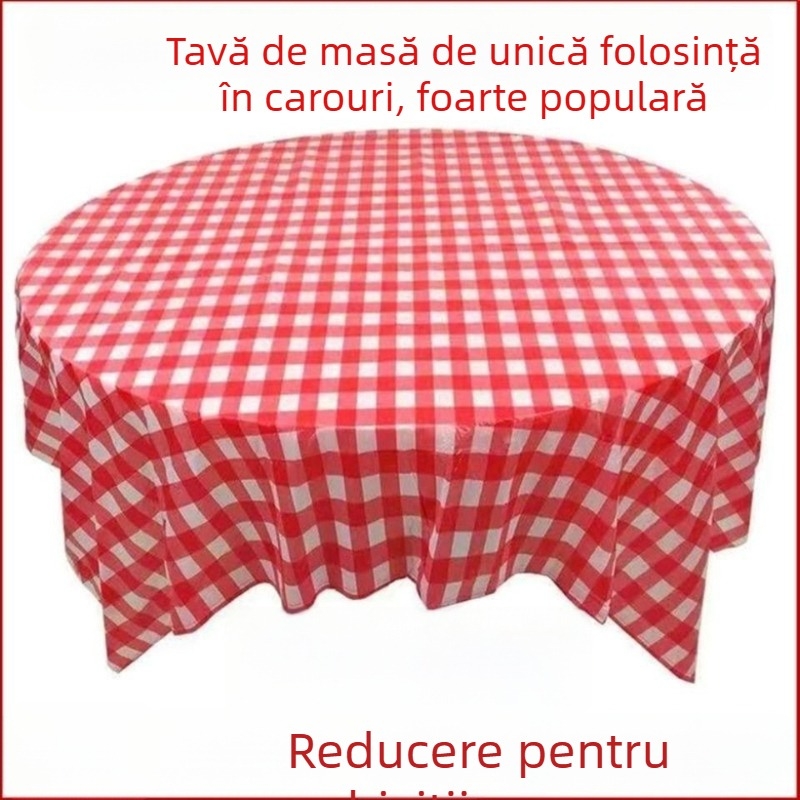 Față de masă de unică folosință, din plastic (PE/polyethylene), model carouri (plaid), formă dreptunghiulară, stil INS, marca Qi lu