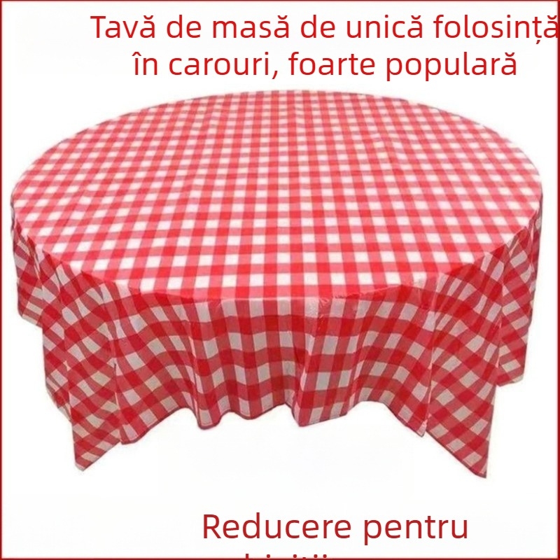 Față de masă de unică folosință, din plastic (PE/polyethylene), model carouri (plaid), formă dreptunghiulară, stil INS, marca Qi lu