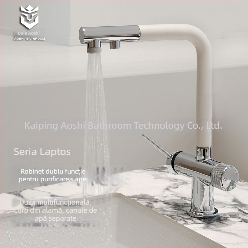 Robinet de bucătărie 3 în 1 pentru purificarea apei, din cupru integral, cu țeavă PEX retractabilă, model S08, supapă cu disc ceramic