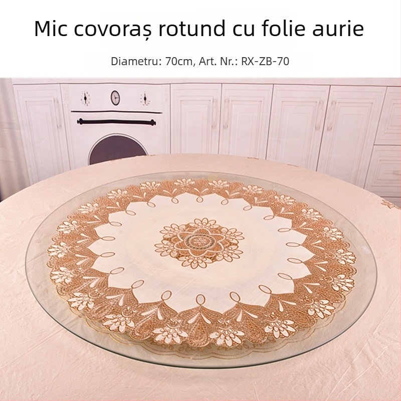 Față de masă PVC cu model auriu, rotundă, rezistentă la ulei, pentru hoteluri, diametru 70 cm, design european clasic