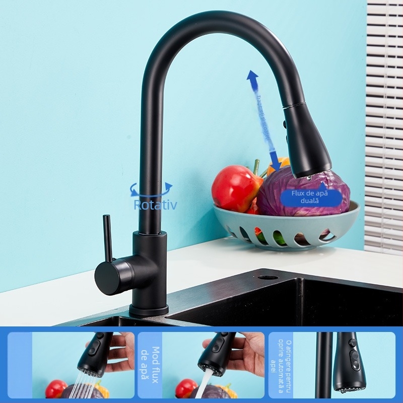 Robinet bucătărie din oțel inoxidabil – apă caldă electrică, finisaj șlefuit, robinet cu disc ceramic, model 11629