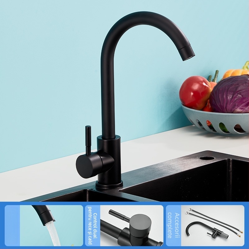 Robinet de bucătărie din oțel inoxidabil, apă caldă și rece, model 11629, electric, disc ceramic în miez, finisaj periat