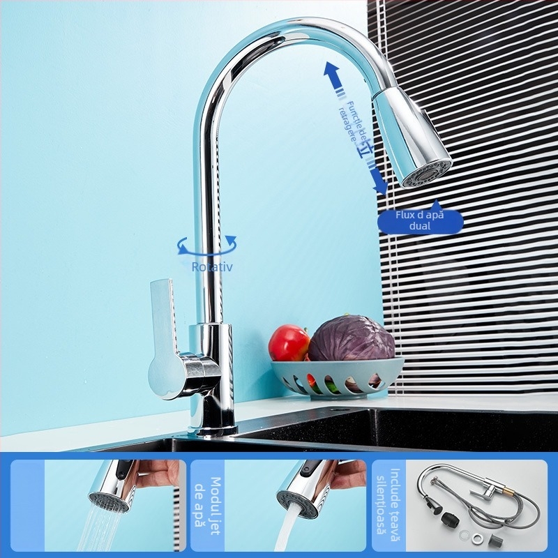 Robinet de bucătărie din oțel inoxidabil, apă caldă și rece, model 11629, electric, disc ceramic în miez, finisaj periat