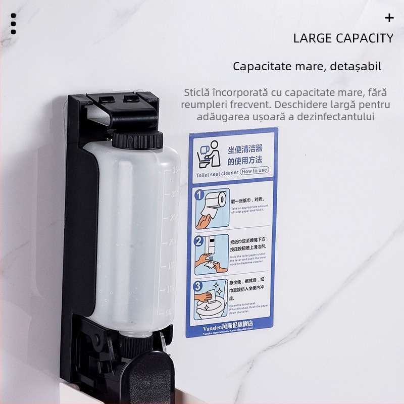 Dispozitiv de dezinfectare pentru scaunul de toaletă public, montaj pe perete, corp din plastic, finisaj vopsit, acționare manuală