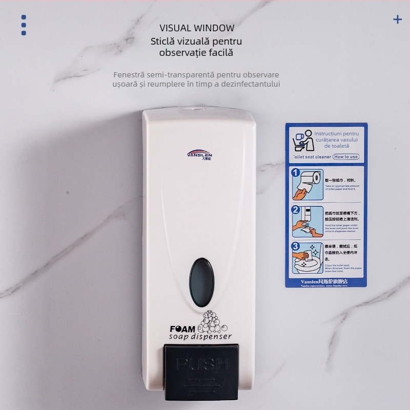 Dispozitiv de dezinfectare pentru scaunul de toaletă public, montaj pe perete, corp din plastic, finisaj vopsit, acționare manuală