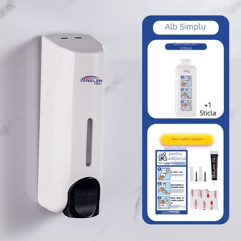 Dispozitiv de dezinfectare pentru scaunul de toaletă public, montaj pe perete, corp din plastic, finisaj vopsit, acționare manuală