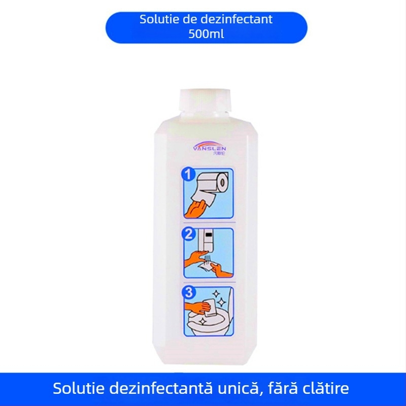 Dispozitiv de dezinfectare pentru scaunul de toaletă public, montaj pe perete, corp din plastic, finisaj vopsit, acționare manuală