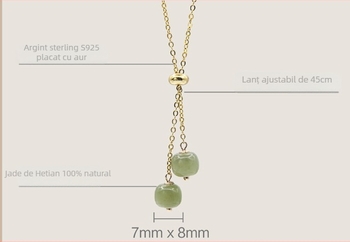 Colier din jad Hetian natural, reglabil, lanț răsucit, pandantiv din argint 925, lungime 45 cm