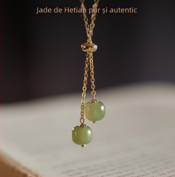Colier din jad Hetian natural, reglabil, lanț răsucit, pandantiv din argint 925, lungime 45 cm