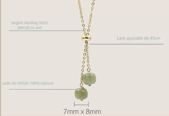Colier din jad Hetian natural, reglabil, lanț răsucit, pandantiv din argint 925, lungime 45 cm