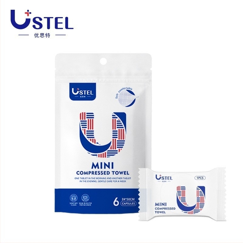 USTEL Prosop de față comprimat, de unică folosință – non-țesut, ≥50 g, 6 buc./ambalaj, 288 ambalaje/cutie