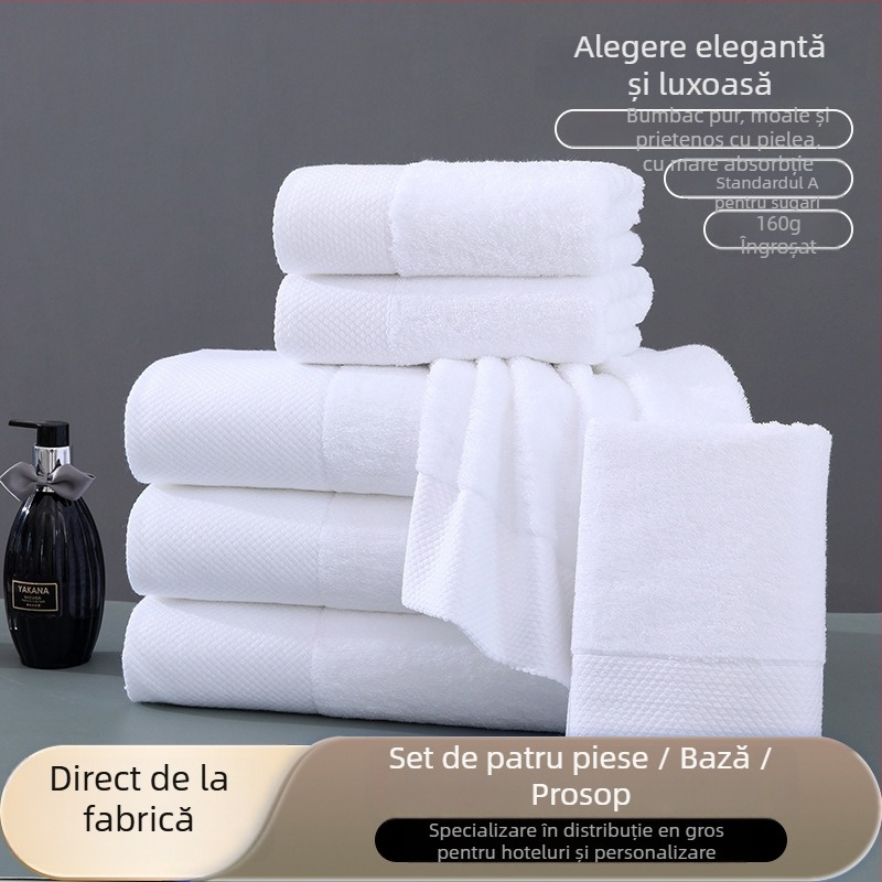 Prosoape de hotel din bumbac 100%, 150 g, fir 16s, fir multiplu (ply yarn), broderie și tiv, țesătură simplă, absorbție 11–15 s