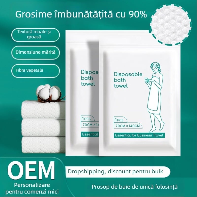 Prosop de baie de unică folosință cu logo personalizat, din fibre vegetale, ambalat individual, țesătură simplă (plain weave), absorbție de apă 11–15 s