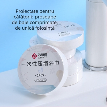Prosop de baie comprimat, de unică folosință, ambalat individual pentru călătorii, prosop de față extra gros; 100% fibră de celuloză regenerată; fibre vegetale; absorbție rapidă 0–5 s.