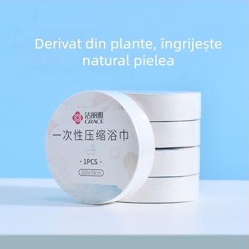 Prosop de baie comprimat, de unică folosință, ambalat individual pentru călătorii, prosop de față extra gros; 100% fibră de celuloză regenerată; fibre vegetale; absorbție rapidă 0–5 s.