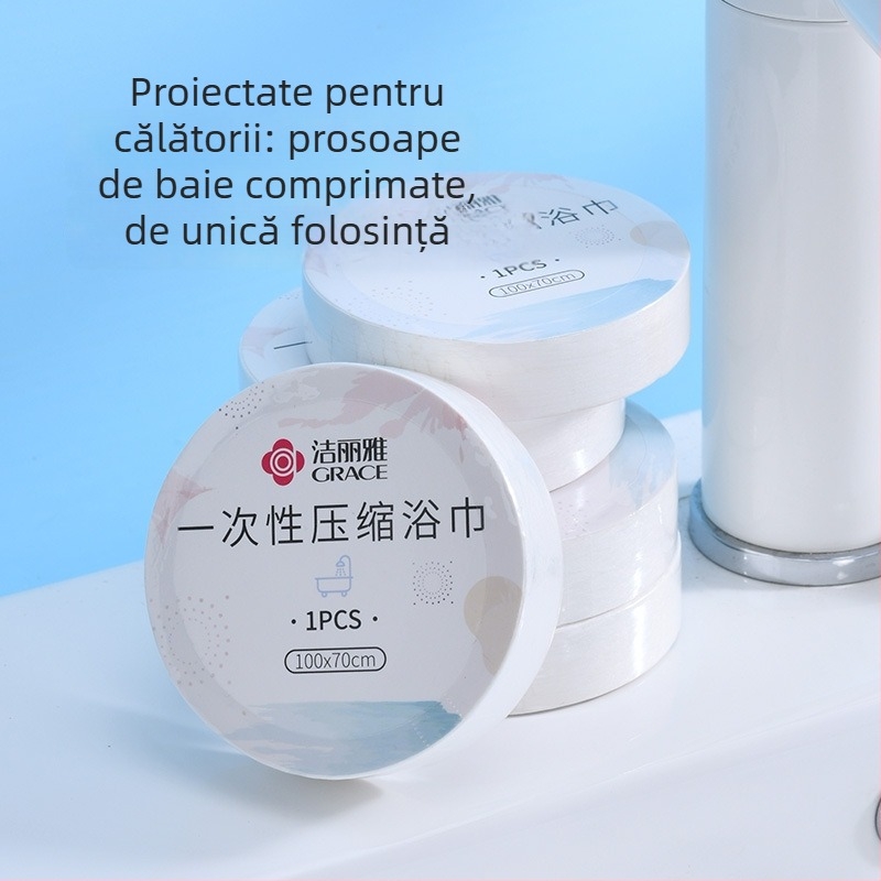 Prosop de baie comprimat, de unică folosință, ambalat individual pentru călătorii, prosop de față extra gros; 100% fibră de celuloză regenerată; fibre vegetale; absorbție rapidă 0–5 s.