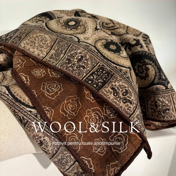 Șal pătrat din mătase și lână pentru femei, cu țesătură simplă, păstrează căldura, iarnă