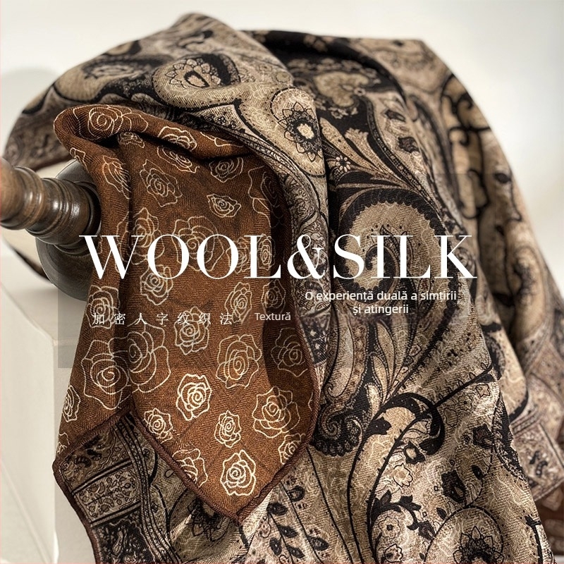 Șal pătrat din mătase și lână pentru femei, cu țesătură simplă, păstrează căldura, iarnă