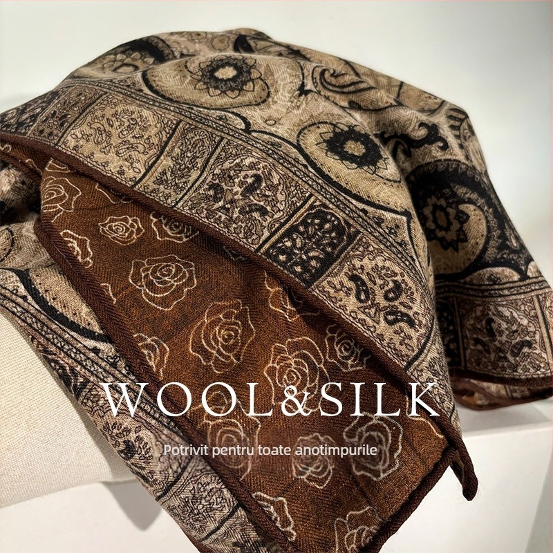 Șal pătrat din mătase și lână pentru femei, cu țesătură simplă, păstrează căldura, iarnă