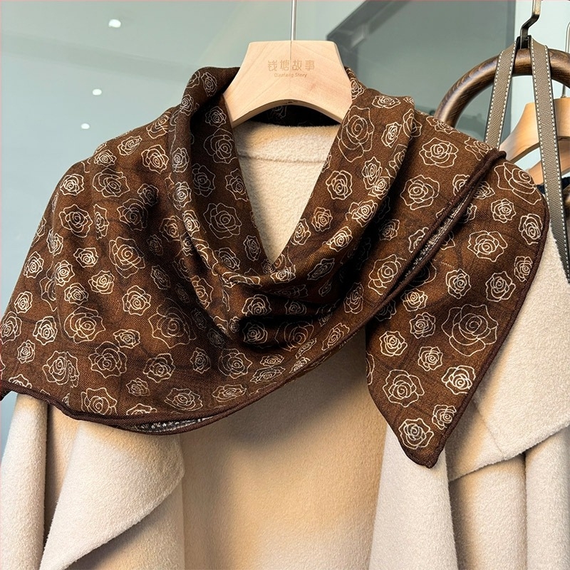 Șal pătrat din mătase și lână pentru femei, cu țesătură simplă, păstrează căldura, iarnă