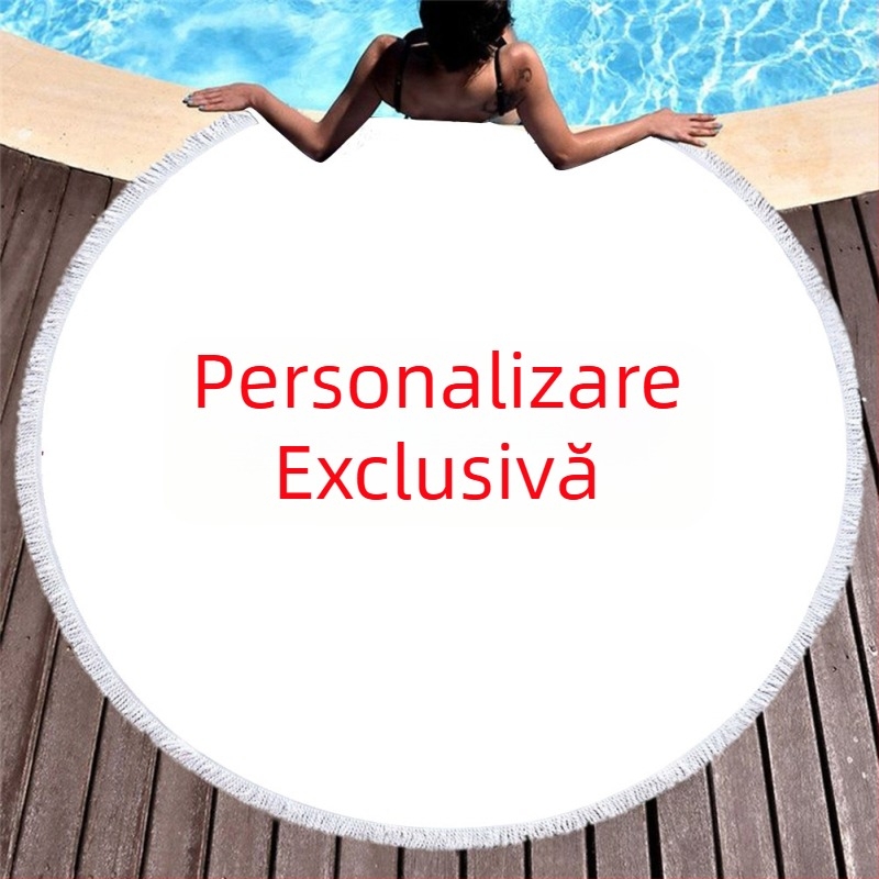 Prosop plajă rotund din microfibră, imprimare digitală 3D, ciucuri la margine și broderie; 200–300 g, țesătură simplă, fire 16s