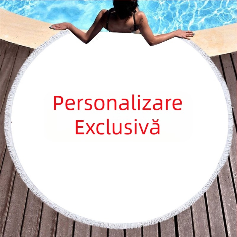 Prosop plajă rotund din microfibră, imprimare digitală 3D, ciucuri la margine și broderie; 200–300 g, țesătură simplă, fire 16s