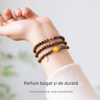 Bratara din Agarwood cu înfășurare multiplă, mărgele din ceară de albine, lustruită, unisex, stil chinezesc