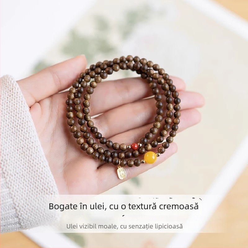 Bratara din Agarwood cu înfășurare multiplă, mărgele din ceară de albine, lustruită, unisex, stil chinezesc